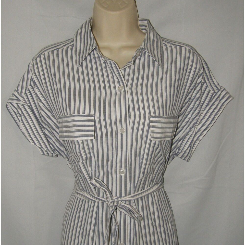 NWT Gray & White Striped Sz Small Belted Button Up Midi Shirt Dress MAX STUDIO - Picture 6 of 8